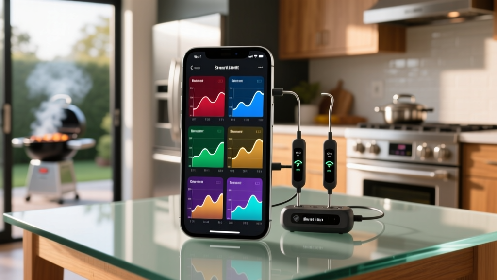 Smartphone app interface displaying six distinct temperature graphs for different meat probes connected to a Wi-Fi BBQ controller