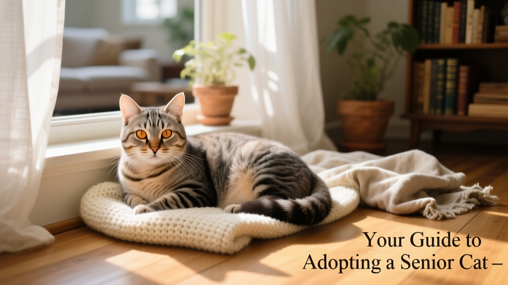 A gentle, relaxed senior cat resting on a sunlit windowsill with soft blankets nearby