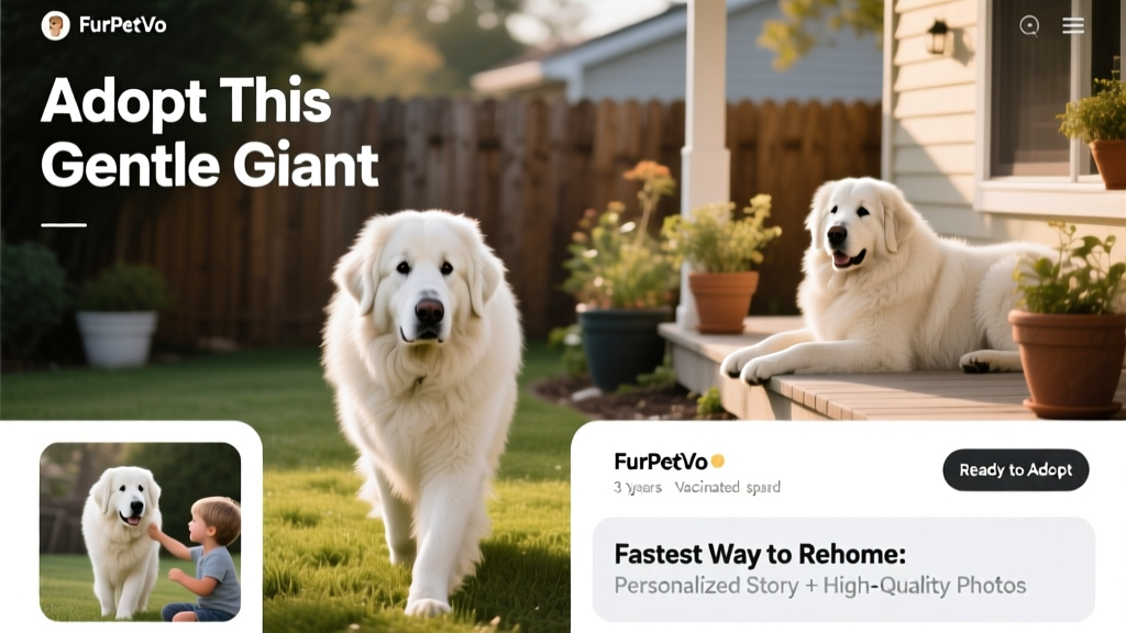 Screenshot of a well-designed FurPetVo profile page featuring a Great Pyrenees with photos, bio, and adoption details