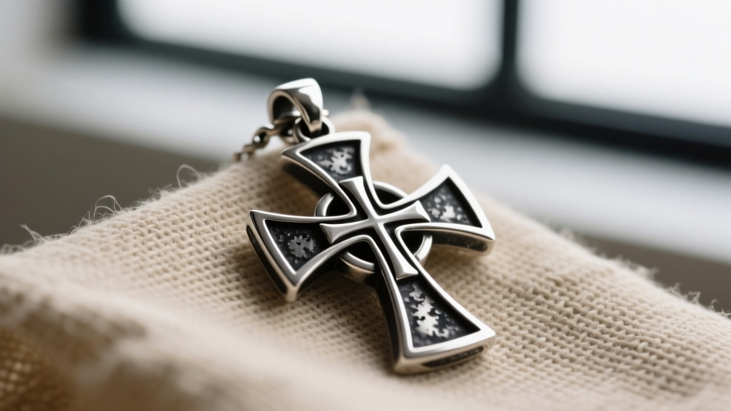 Macro shot of a heavy sterling silver Templar Cross Pattée pendant with dark oxidized finish resting on textured linen fabric.