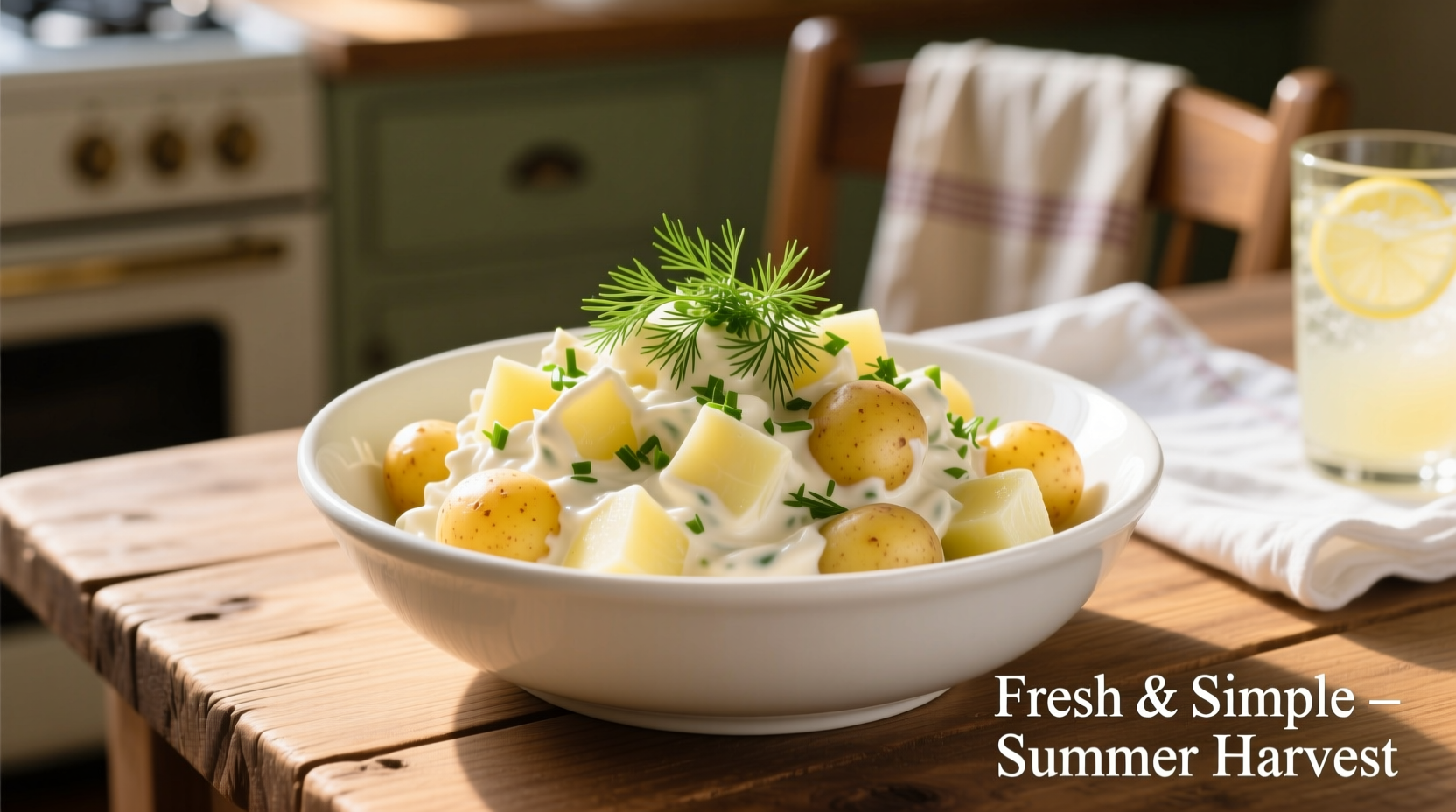 Creamy potato salad in white bowl with fresh dill garnish