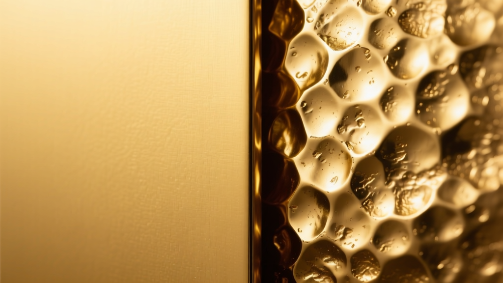Macro photo of a smooth planished gold surface beside a deeply peened rustic hammered gold texture under soft studio lighting.