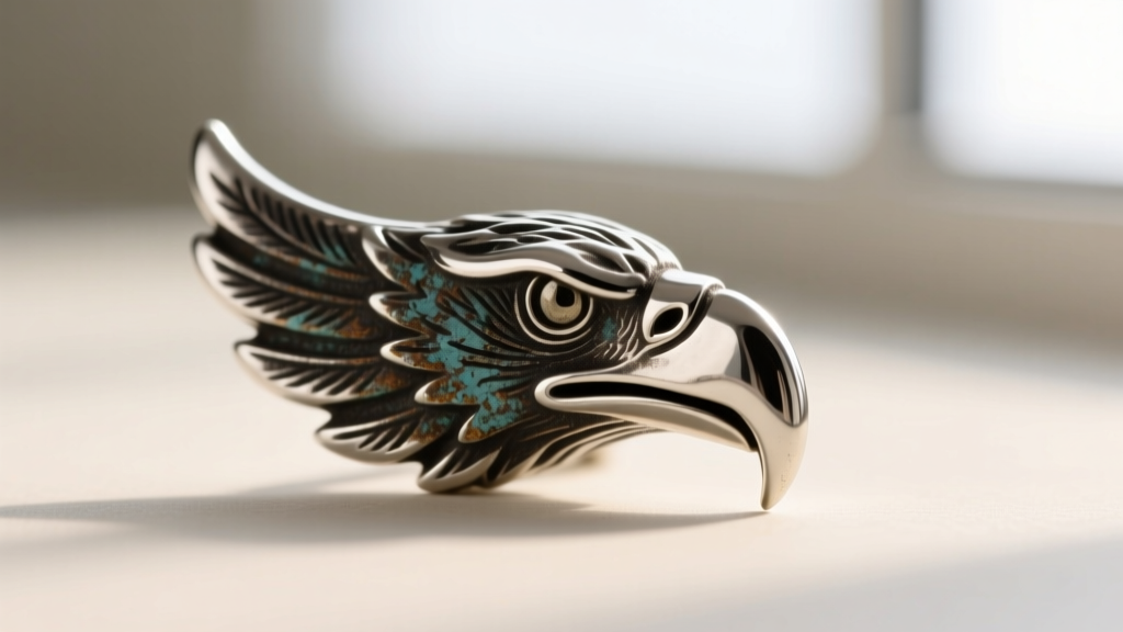 Macro view of an oxidized sterling silver eagle talon stud, highlighting darkened grooves and polished claw tips in soft light
