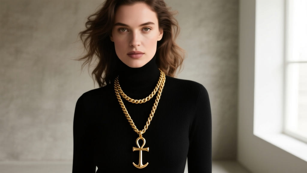 Woman wearing a 20-inch gold rope chain with a brass ankh pendant over a black turtleneck, lit by soft natural window light.