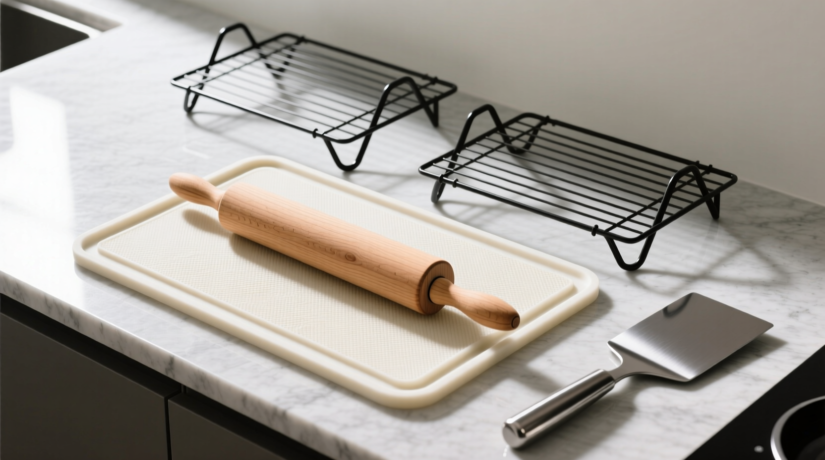 Overhead photo showing two black foldable wire racks spaced evenly on a light-gray quartz countertop, topped with a textured ivory silicone cutting mat; a wooden rolling pin rests diagonally across the mat, and a stainless steel dough scraper sits at the lower right corner