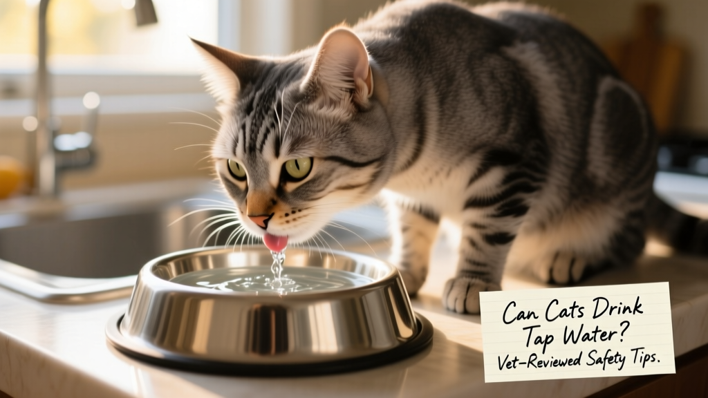 A close-up of a cat drinking from a stainless steel water bowl filled with clear water