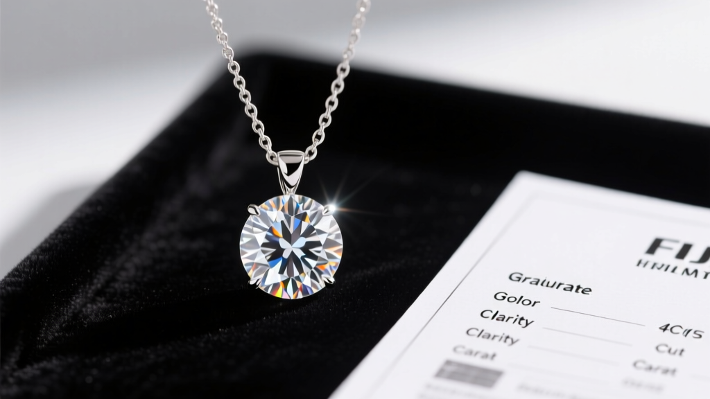 Diamond grading report on black velvet next to a glowing round brilliant cut diamond pendant on a delicate platinum chain.