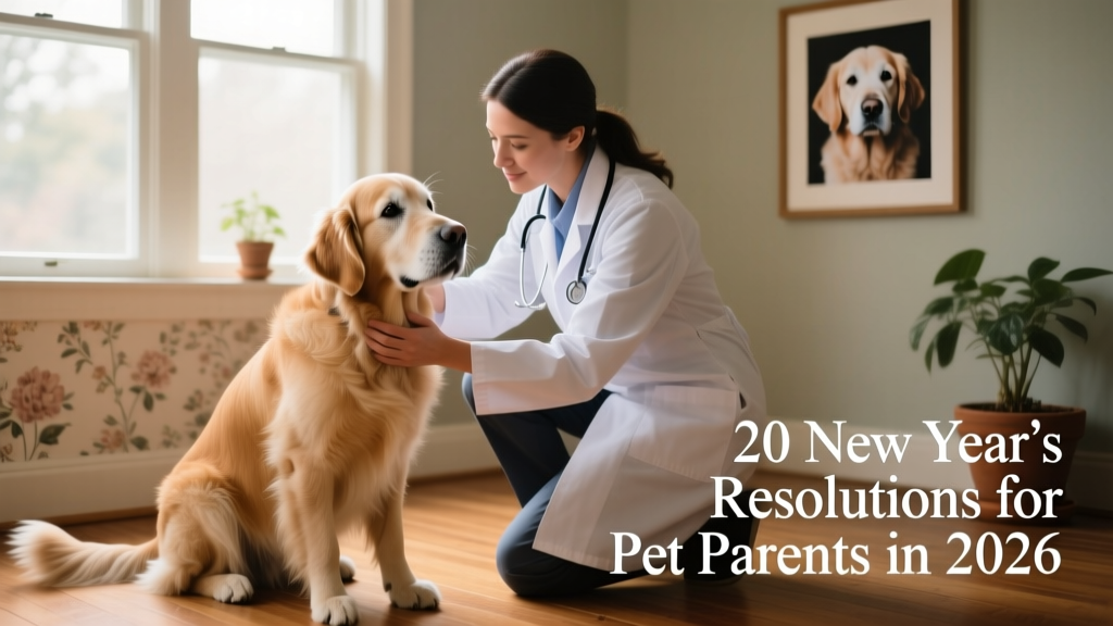Veterinarian gently examining a senior dog during a calm, well-lit wellness checkup