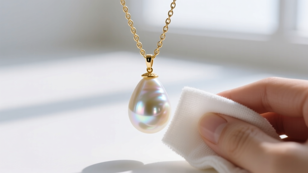 Soft microfiber cloth gently wiping a teardrop freshwater pearl attached to a delicate gold chain under bright natural window light.