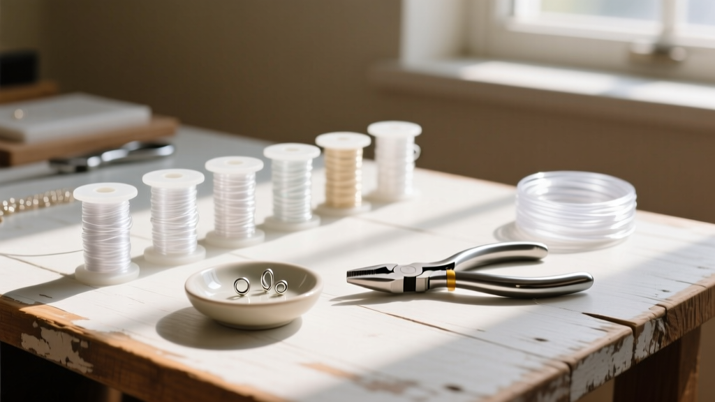 Organized DIY jewelry workspace with spools of clear nylon wire, PTFE ear wires, and round-nose pliers on a rustic wood desk.
