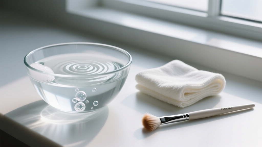 Glass bowl of distilled water and mild soap beside a microfiber cloth and a delicate soft-bristle jewelry cleaning brush.