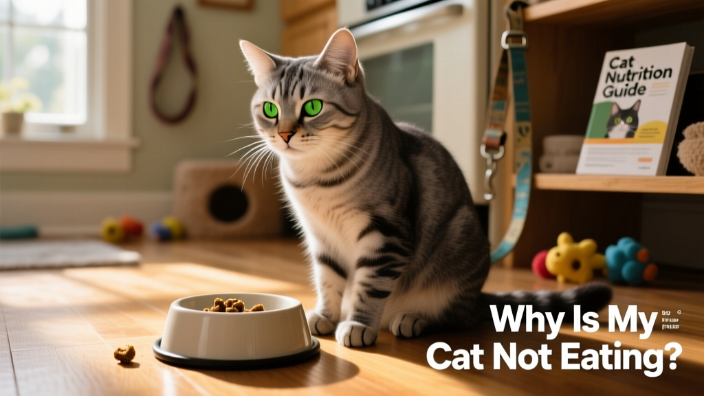 Close-up of a curious but disinterested cat sitting beside an untouched food bowl