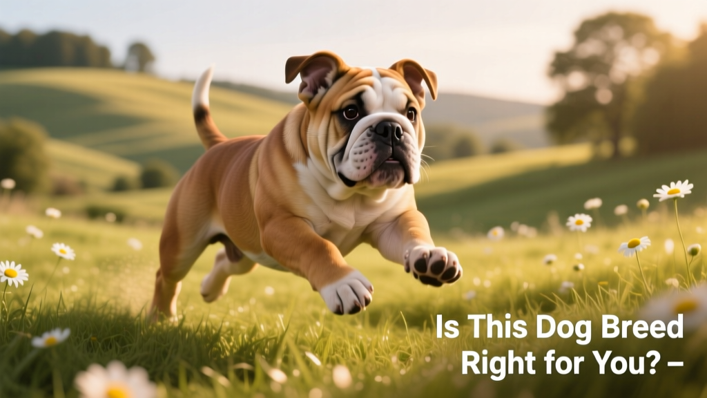 A healthy, energetic Olde English Bulldogge puppy playing outdoors on grass, showcasing its muscular build and alert expression