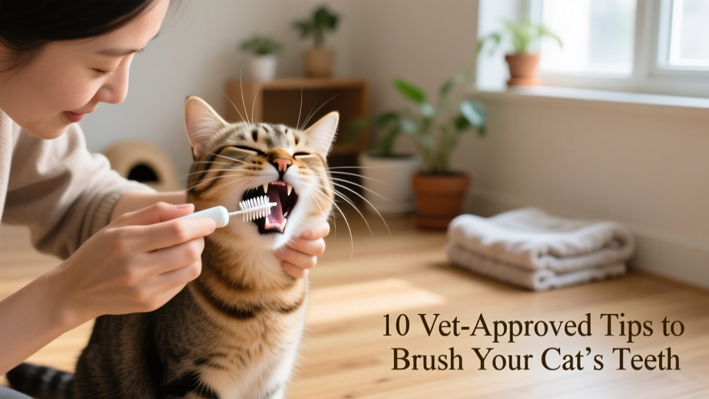 Cat owner using a small finger brush with pet-safe toothpaste on a cat’s upper molars, with cat’s mouth gently open