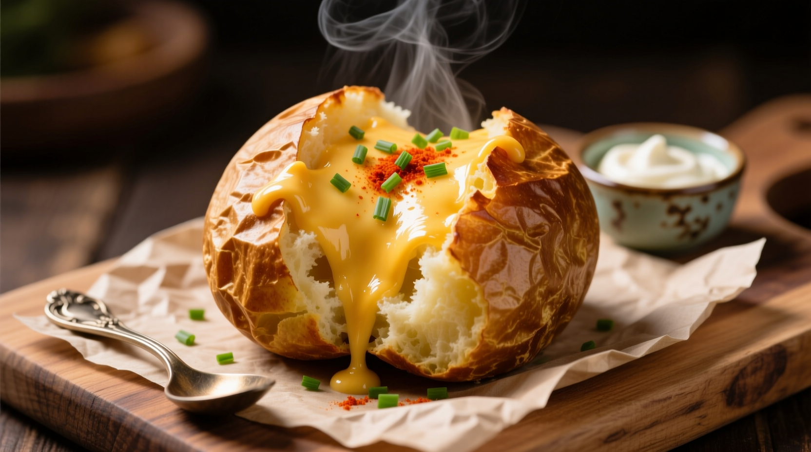 Traditional British jacket potato with melted cheese topping