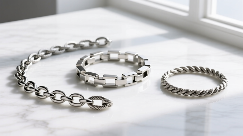 Close-up of three chain styles: a classic cable chain, a modern box chain, and a twisted rope chain on white marble.