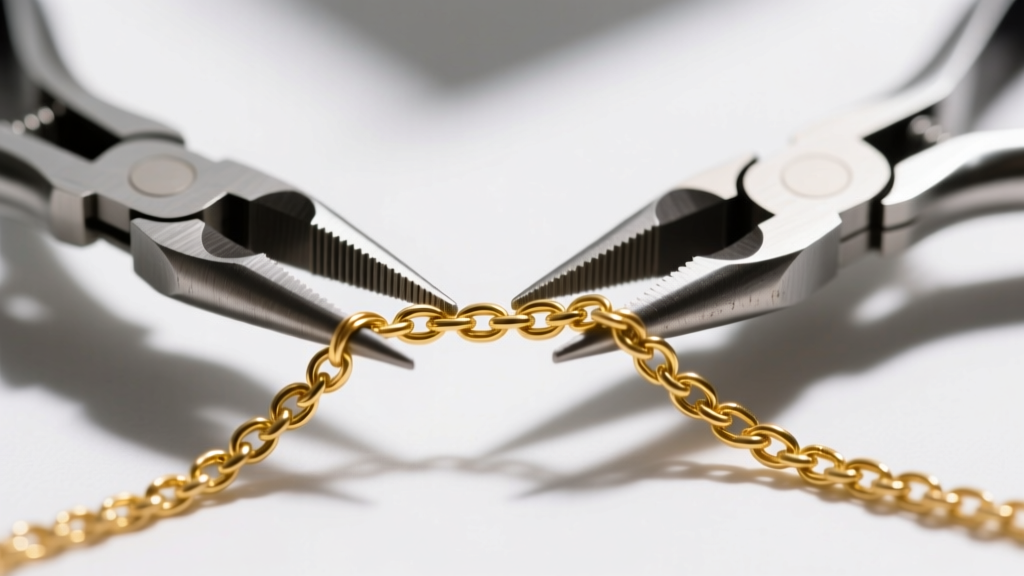 Two pairs of fine-tipped chain-nose pliers gently working out a knot in a thin 1.2mm gold cable chain under bright magnifying light.