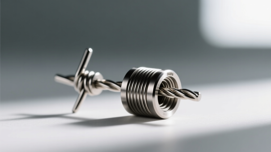 Side profile of a machined titanium barbed wire earring post, showing internal threading and smooth transitions between wire nodes.