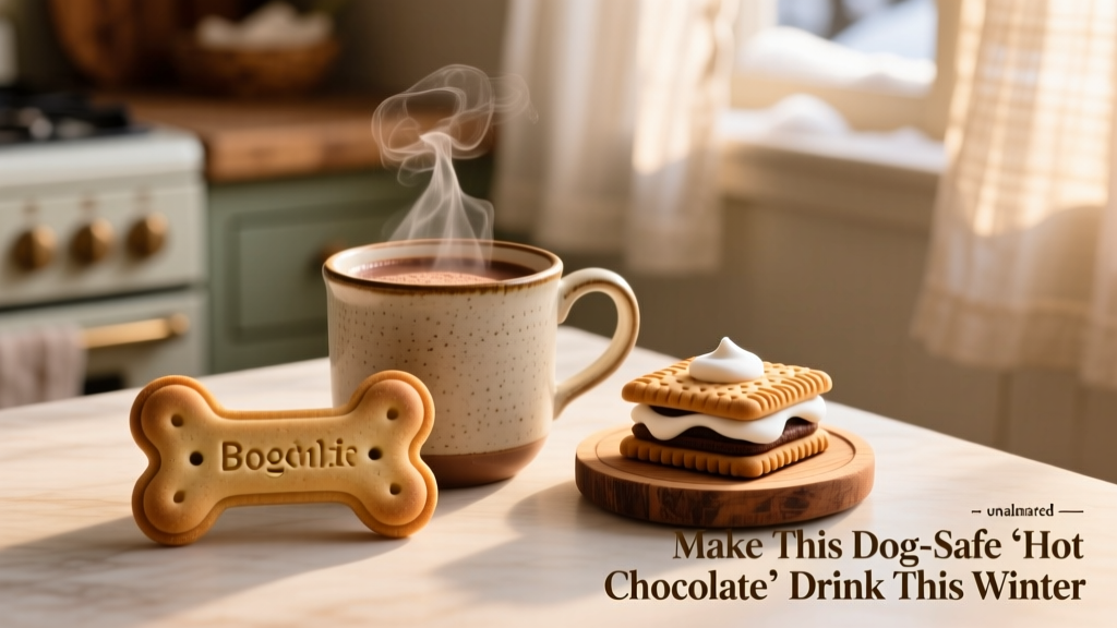 Two dog treats — one shaped like a bone, another like a s’more — arranged beside a small mug of hot chocolate