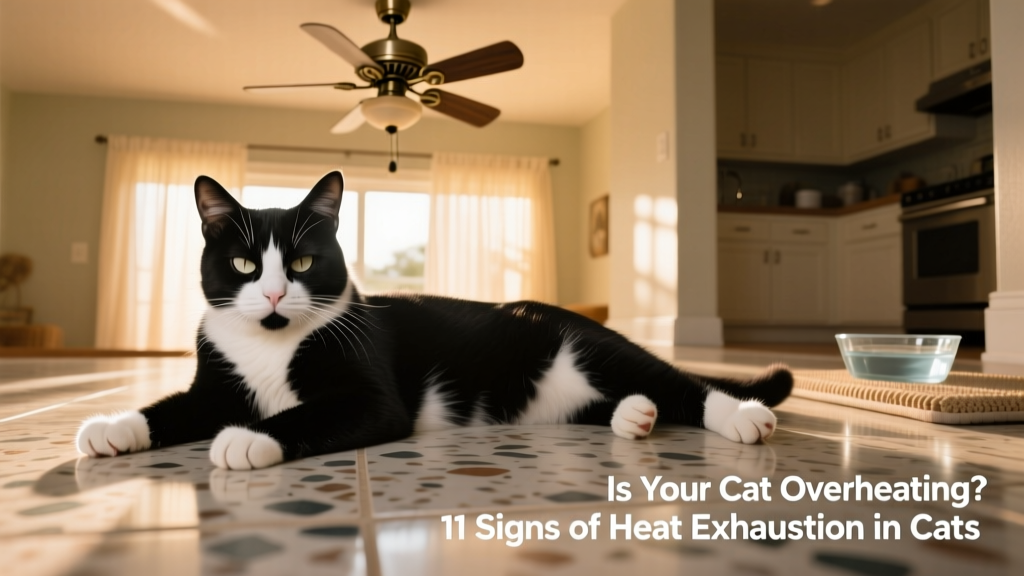 Cat lying on cool tile floor near a fan, looking drowsy but alert