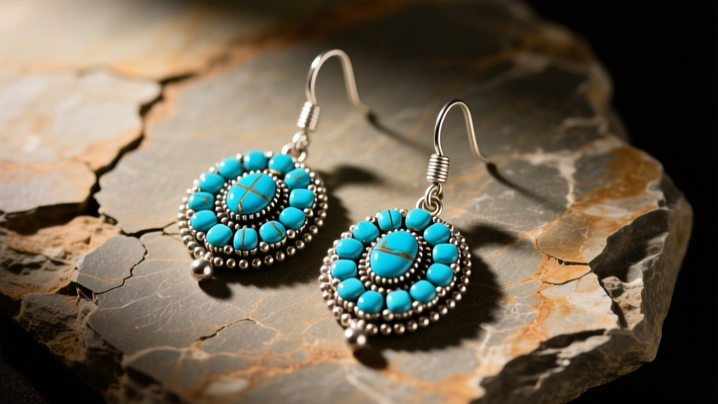 Close-up of Zuni petit point turquoise sterling silver dangle earrings resting on raw slate under warm studio lighting.