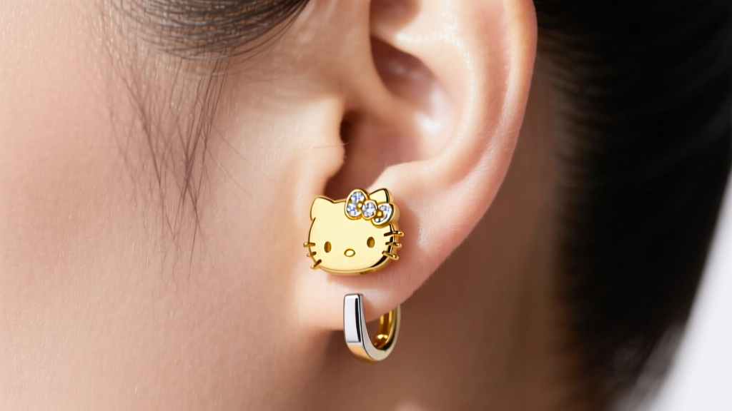 Side profile of a curated ear featuring a 14k yellow gold Hello Kitty diamond huggie on the cartilage next to a minimal lobe stud.