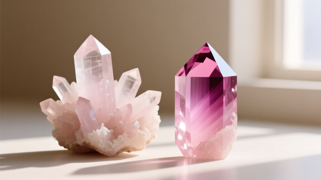 Raw rose quartz clusters beside a polished pink tourmaline slice showing deep color saturation under bright natural window light