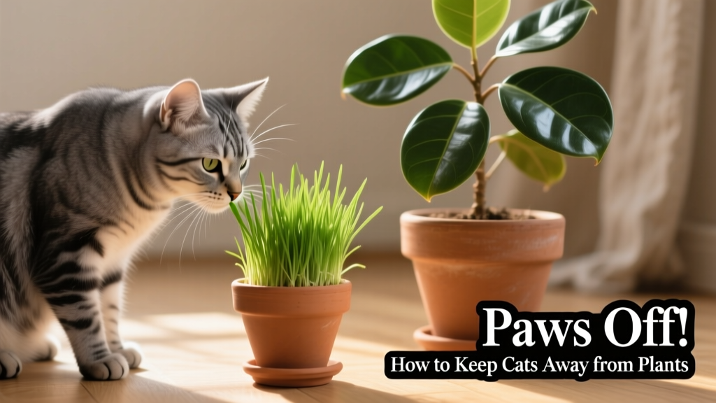 A cat gently sniffing a sprig of cat grass in a small pot, next to a larger ornamental plant it’s ignoring.