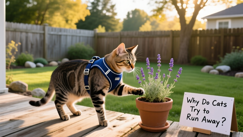 A cat wearing a well-fitted harness and leash, calmly exploring a fenced backyard under supervision