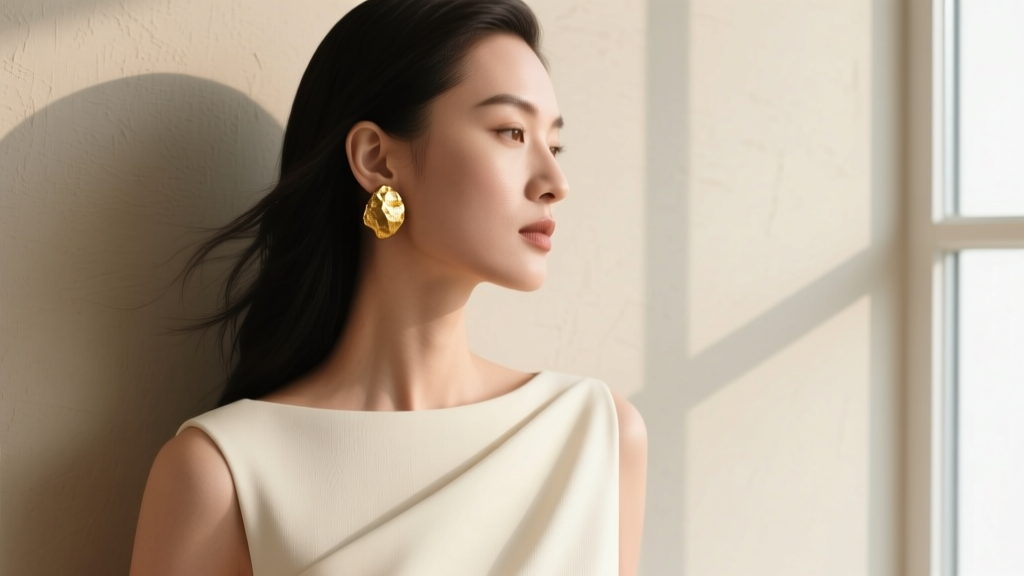 Side profile of a woman wearing a raw gold nugget earring in her lobe, contrasting with a sleek, modern minimalist outfit.