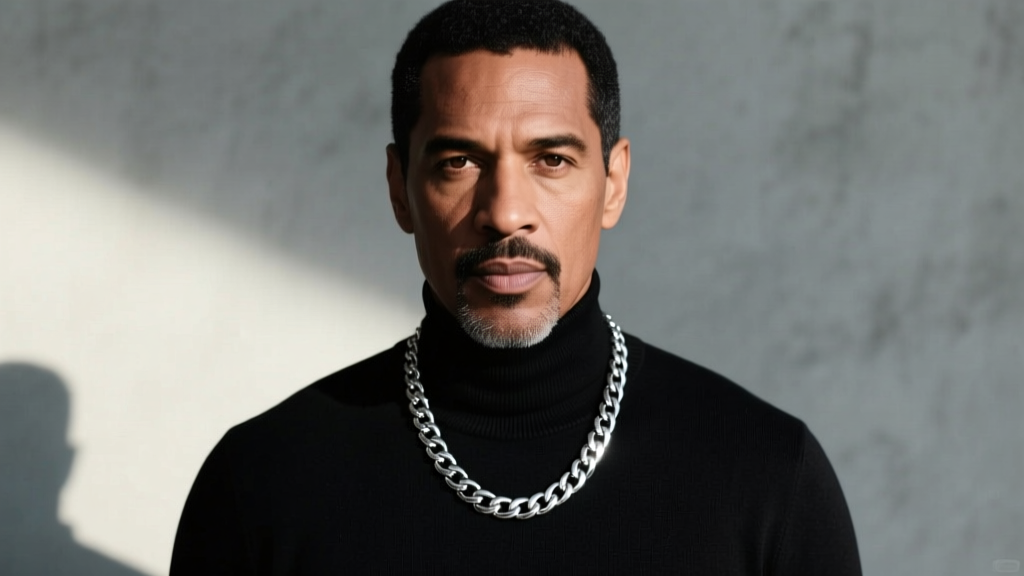 Front portrait of a man wearing a 22-inch 4mm sterling silver Cuban link necklace on the upper chest over a black crewneck shirt