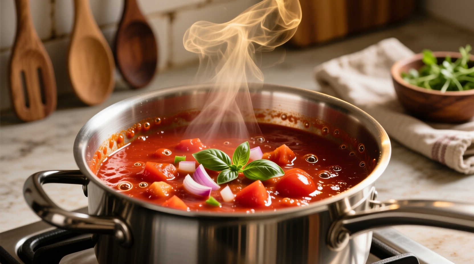 Homemade no sugar added tomato sauce simmering in stainless steel pot