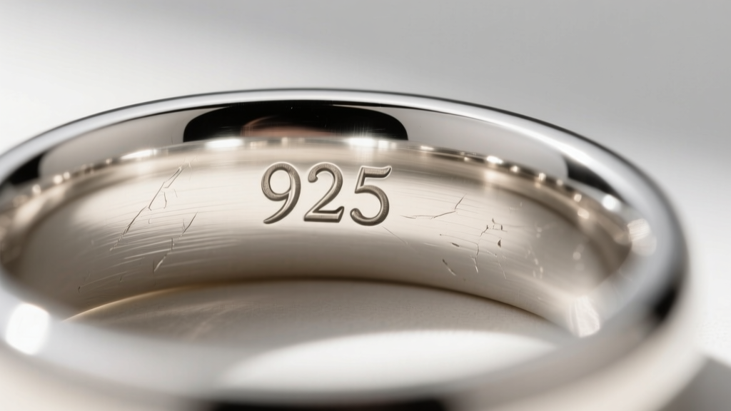 Extreme macro close-up of a deeply struck 925 jewelry mark on the inside of a thick sterling silver ring band under bright light