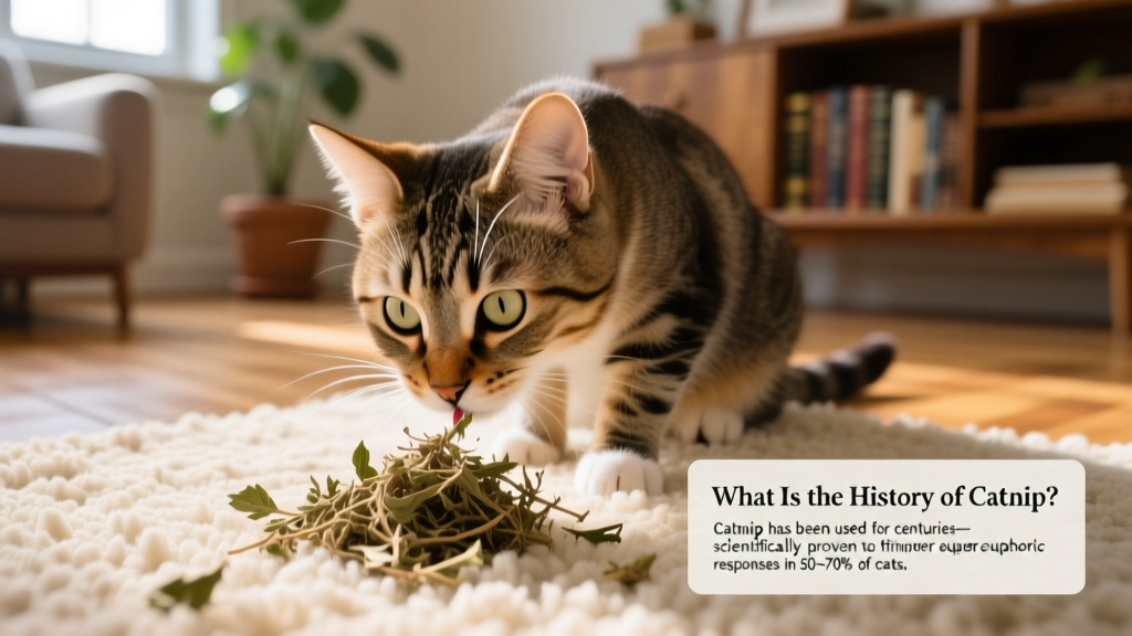 Cat sniffing a small pile of dried catnip on a soft rug, with visible excitement and curiosity