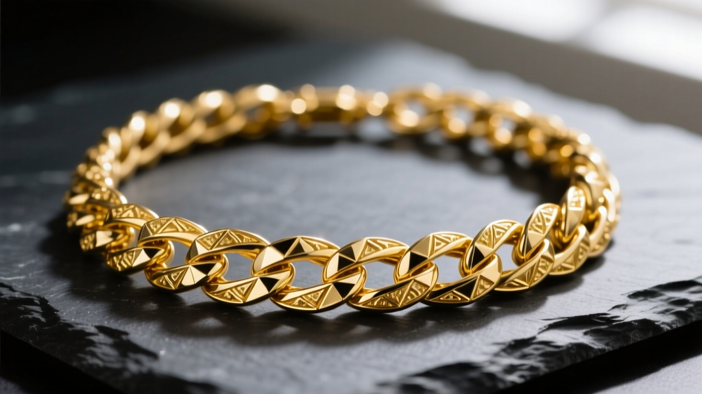 Close-up of a twisted diamond-cut 18k yellow gold Singapore chain necklace on dark slate, highlighting the intricate woven links.