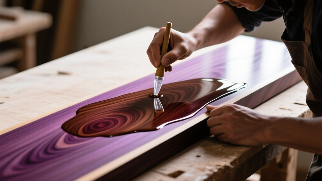 Close-up of a craftsman applying clear UV-blocking finish to a vibrant purpleheart wood slab revealing striking grain patterns
