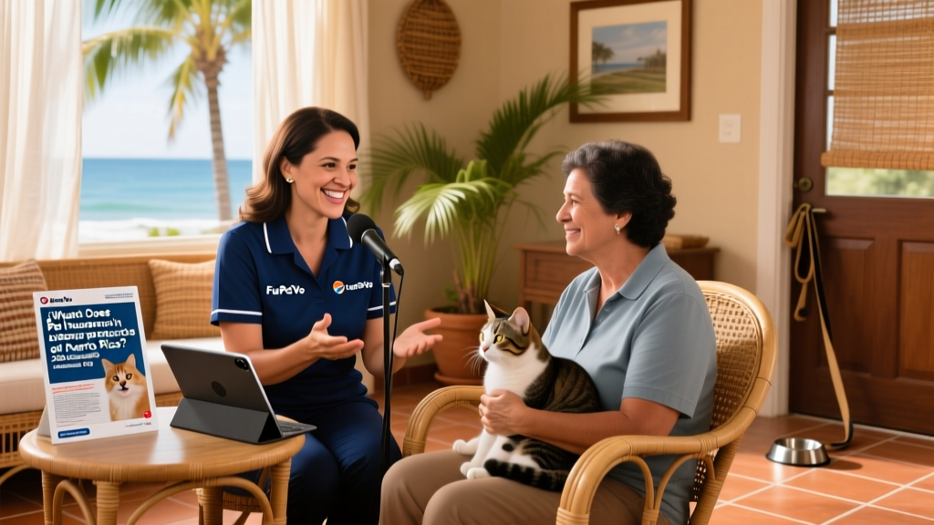 A bilingual FurPetVo customer service representative assisting a pet owner in Puerto Rico via video call