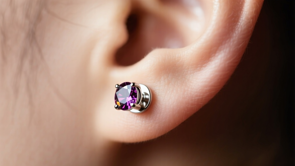 Illustration of a 7mm gemstone stud showing how a heavy crown causes standard friction backs to droop forward on the earlobe.