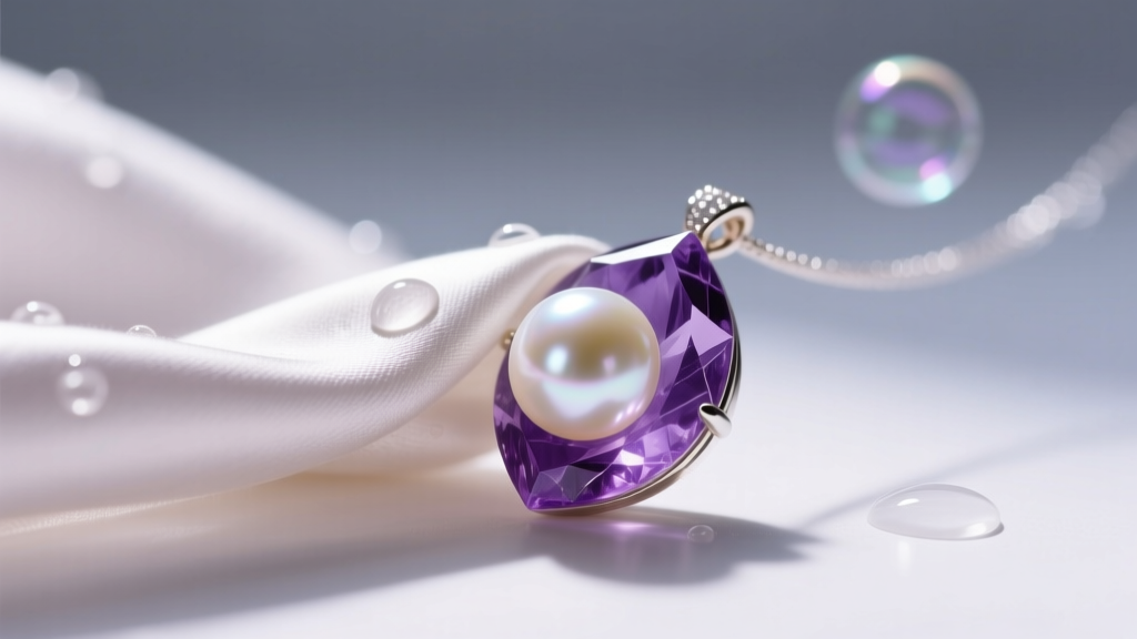 Soft cloth wiping a pearl on an amethyst necklace, with distilled water and soap visible in the softly blurred background