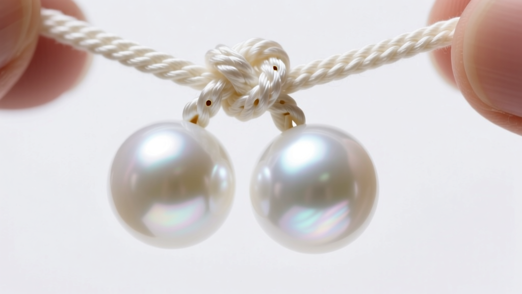 Extreme close-up of hand-knotted silk thread between two round white pearls, showing tight secure spacing and clean drill holes.