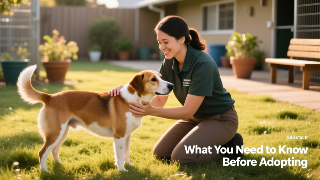 A shelter staff member gently playing with a calm, medium-sized mixed-breed dog in a grassy outdoor yard during a 'doggy day out' session