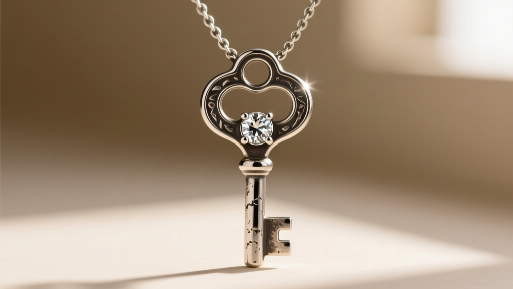 Macro photography of a vintage-inspired 925 sterling silver key necklace with oxidized detailing and a small pavé diamond inset.