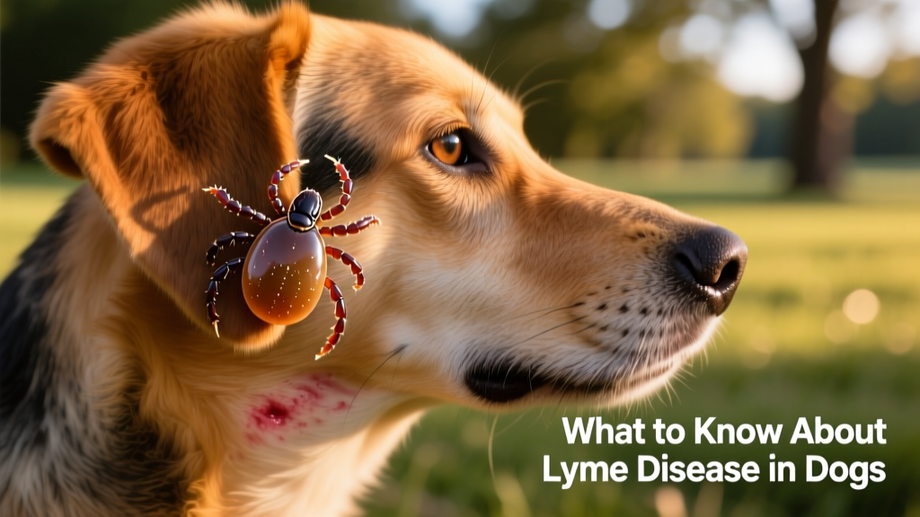 Close-up of a deer tick attached to a dog's ear or shoulder, with visible mouthparts embedded in the skin