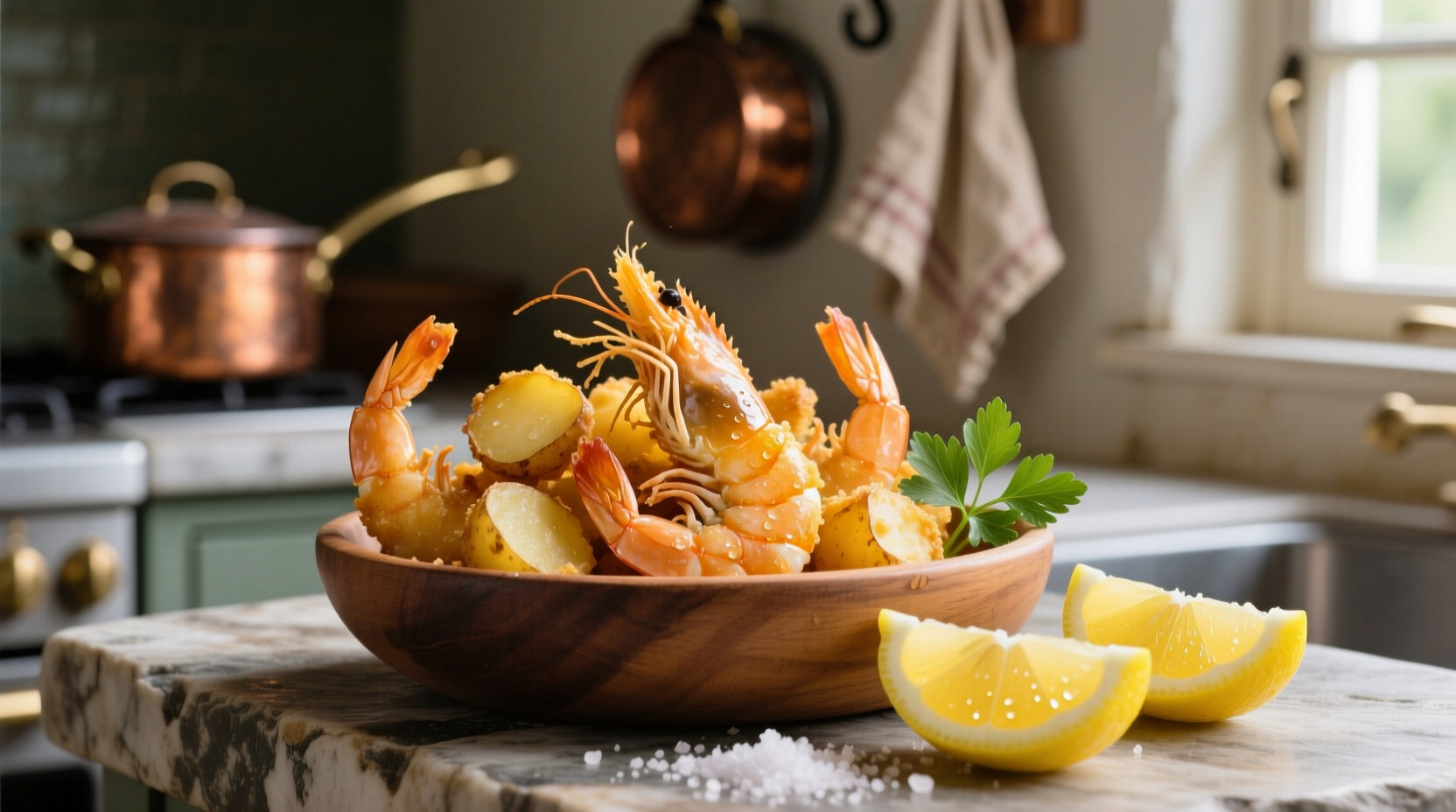 Crispy golden potato shrimp with lemon wedges