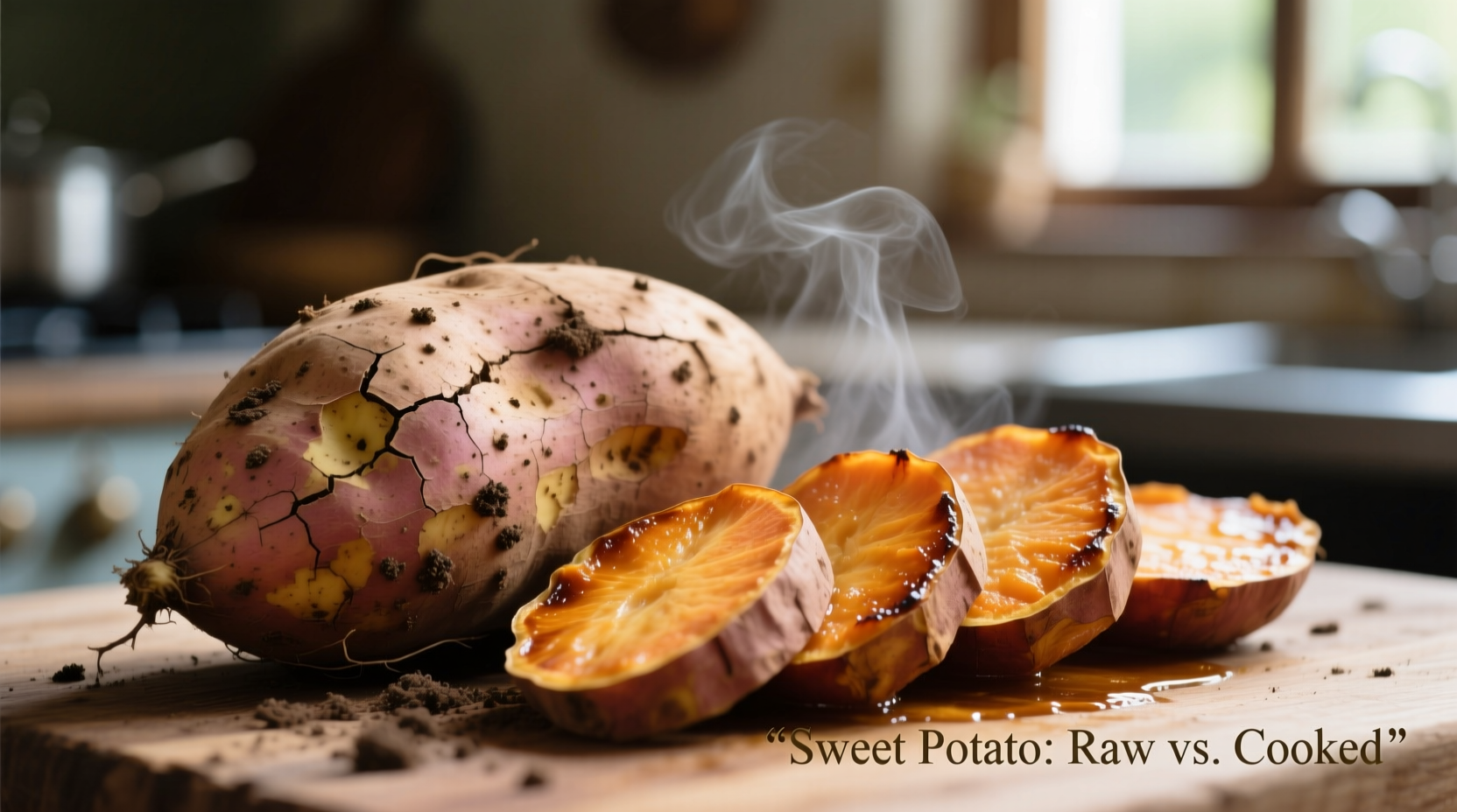 Raw sweet potato next to cooked sweet potato slices