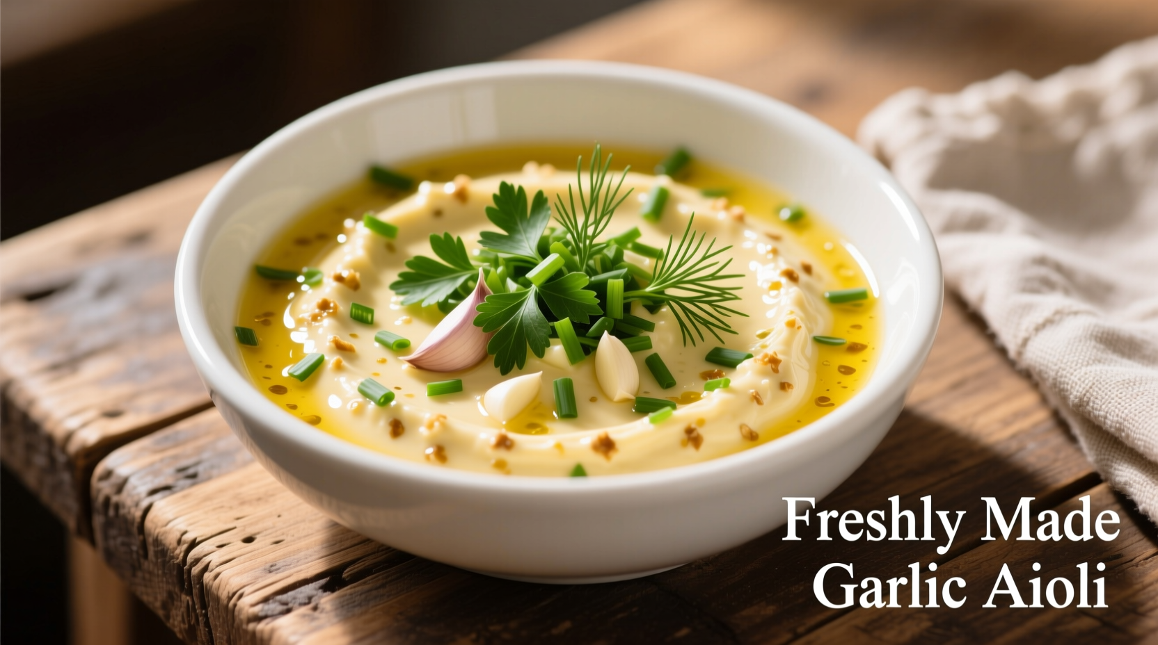 Homemade garlic aioli in white bowl with fresh herbs