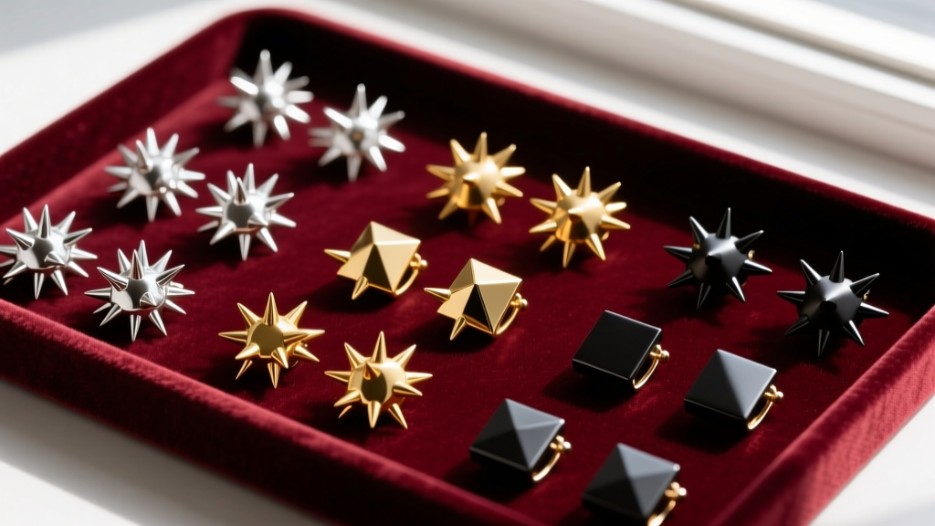Overhead view of a velvet tray displaying spiky stud earrings in silver, gold, and black steel, arranged in neat, organized rows.