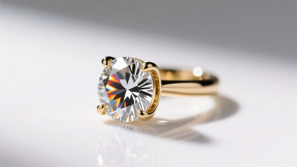 Macro photography of a 1-carat round brilliant lab-grown diamond earring in a 14k white gold martini setting, highly detailed