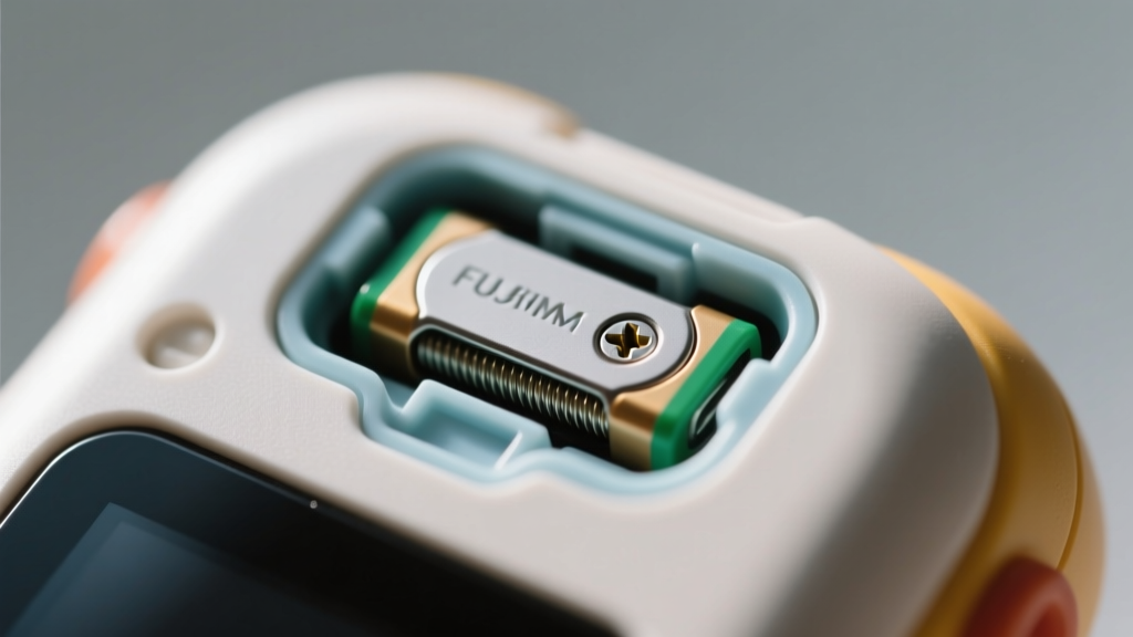 Macro shot of a secure screw-back battery compartment on the back of a plastic children