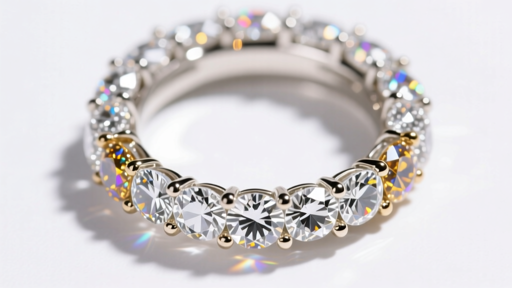 Overhead view of a diamond halo ring, comparing natural melee to moissanite accents under bright studio jewelry lighting